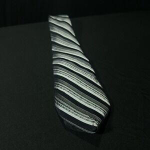 Vintage J. Ferrari 100% Silk Black, Silver, White Striped Neck Tie